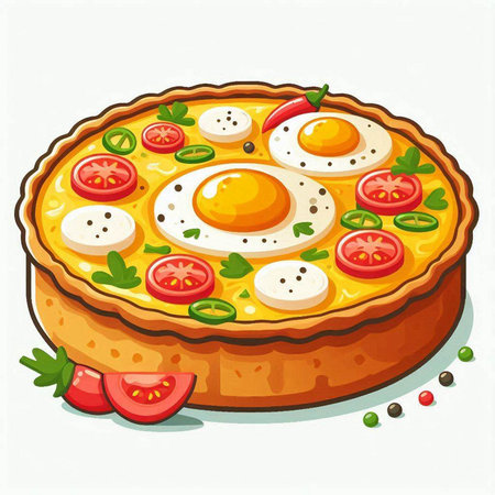 Illustration of a pie with eggs and tomatoes on a white backgroundのイラスト素材