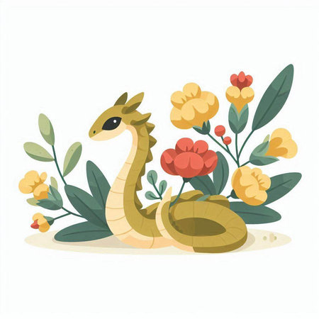 Cute snake with flowers and leaves isolated on white background. Vector illustration.のイラスト素材