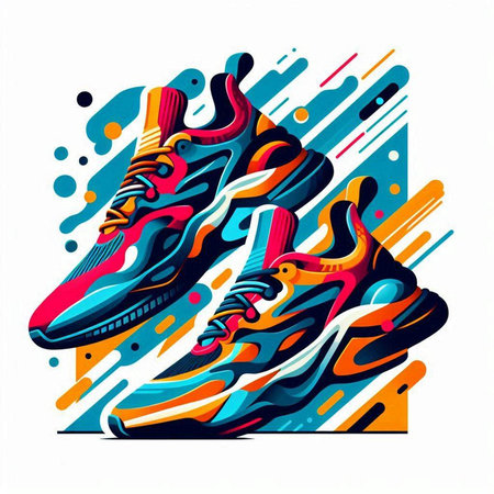 Vector illustration of running shoes on abstract colorful background. Sport and healthy lifestyle concept.のイラスト素材