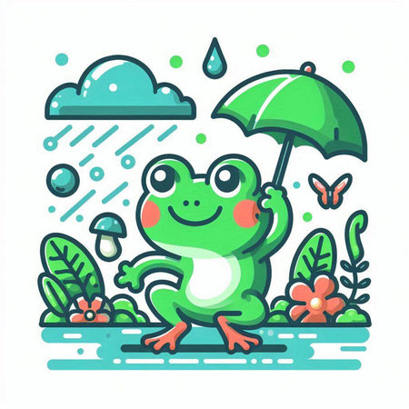Cute frog with umbrella and rain drops. Vector illustration in doodle style.のイラスト素材