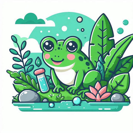 Cute frog with a bottle of water. Vector illustration in cartoon style.のイラスト素材