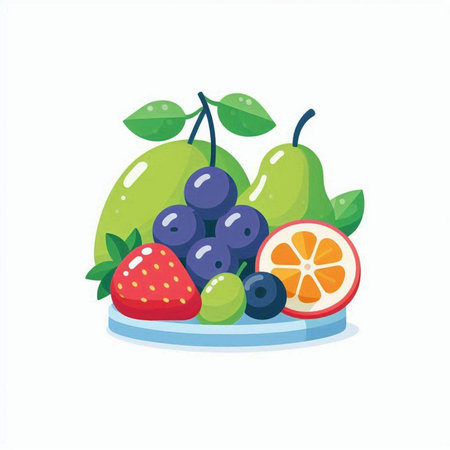 Fruits and berries in a plate. Vector illustration in a flat style.のイラスト素材
