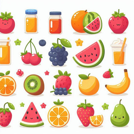 Fruit and berry smoothies icons set. Cartoon vector illustration.のイラスト素材