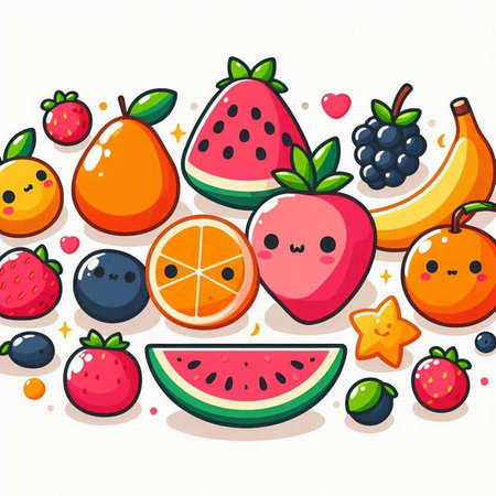 Funny fruits and berries icons set. Vector illustration in cartoon styleのイラスト素材