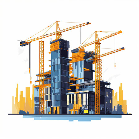 Construction site with cranes and buildings. Vector illustration in flat styleのイラスト素材