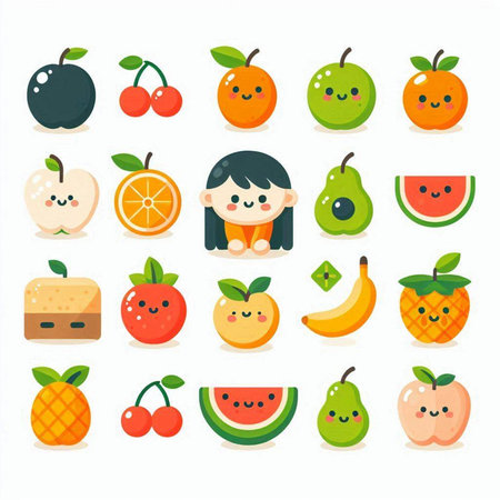 Fruit icons set in flat style. Cute cartoon fruits vector illustration.のイラスト素材