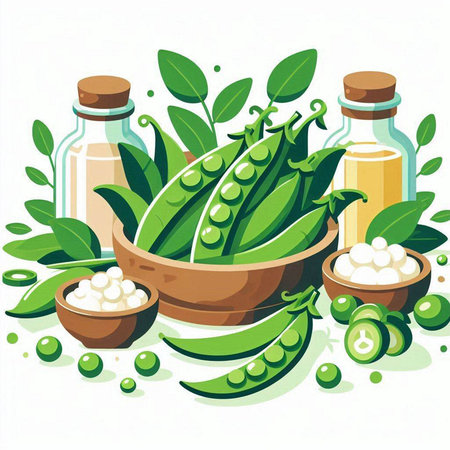 Vector illustration of fresh green peas in a bowl, glass bottles with oil, green leaves and seeds on a white background.のイラスト素材