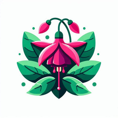 Fuchsia flower with green leaves. Vector illustration on white background.のイラスト素材
