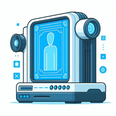 Vector illustration of a video camera with a man on the screen.のイラスト素材