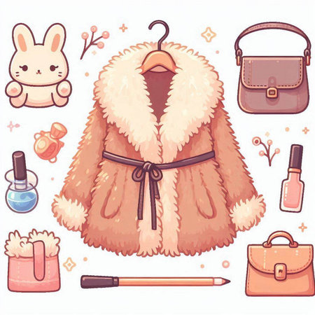 Fur coat, bag and cosmetics. Vector illustration in cartoon styleのイラスト素材