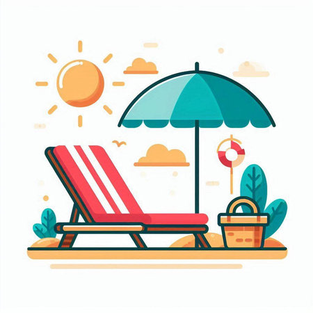 Beach chair with umbrella and basket. Flat style vector illustration.のイラスト素材