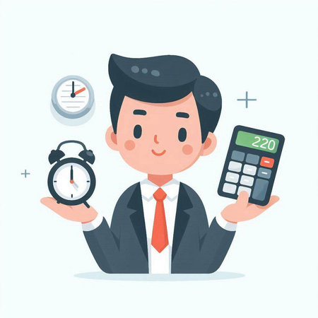 Businessman with calculator and alarm clock. Vector illustration in cartoon style.のイラスト素材
