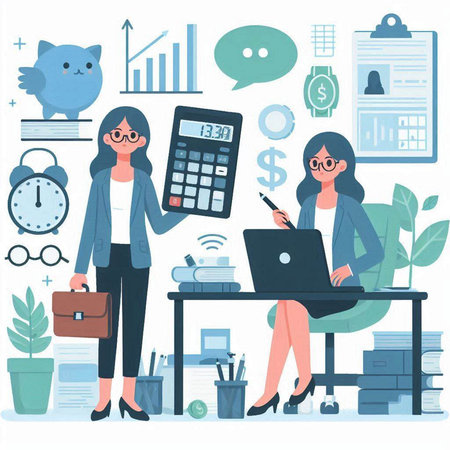 Business woman working at office. Vector illustration in flat cartoon style.のイラスト素材
