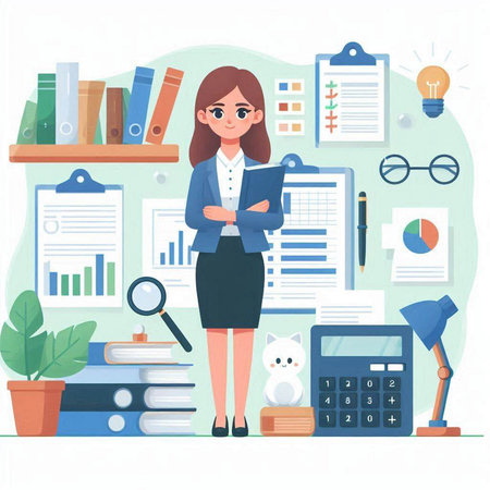 Business woman in office. Vector illustration in flat style. Business concept.のイラスト素材
