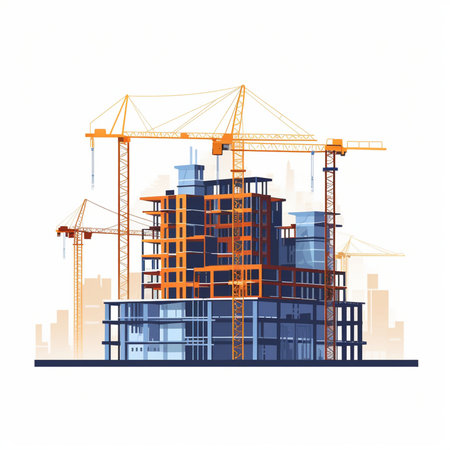 Construction site with cranes and buildings. Vector illustration in flat style.のイラスト素材