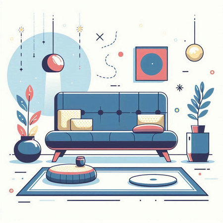 Living room interior with sofa, carpet and plants. Vector illustration.のイラスト素材
