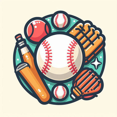 Vector illustration of baseball ball, bat, ball, glove and ball in circle.のイラスト素材