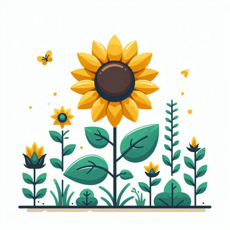 Sunflower and butterfly. Vector illustration in flat cartoon style. Isolated on white background.のイラスト素材