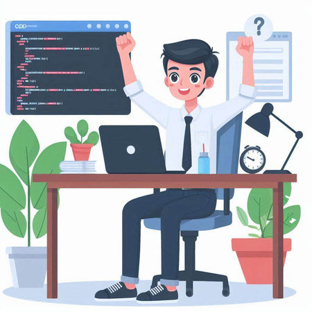 Programmer sitting at the desk and writing programming code. Coding and programming concept. Vector illustration in cartoon styleのイラスト素材