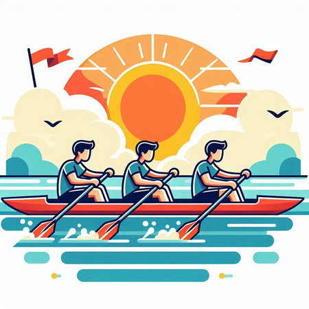 Two men rowing on the lake. Vector illustration in flat styleのイラスト素材