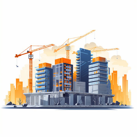 Construction site with cranes, buildings and skyscrapers. Vector illustration.のイラスト素材