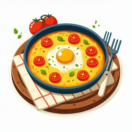 Fried eggs with tomato and basil in a frying pan. Vector illustrationのイラスト素材