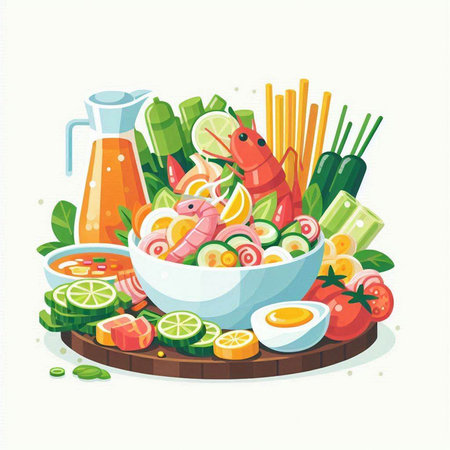 Seafood salad with shrimps, squid, shrimp, cucumber, tomato, onion, lemon, parsley, gingernnaise, herbs and spices. Vector illustrationのイラスト素材