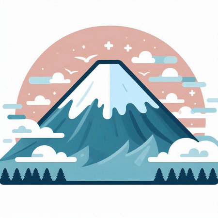 Mount Fuji, Japan. Vector illustration of a mountain with clouds.のイラスト素材