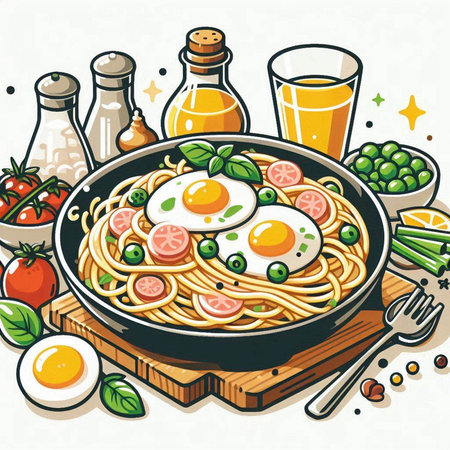 Noodles with vegetables and fried eggs in a pan. Vector illustration.のイラスト素材