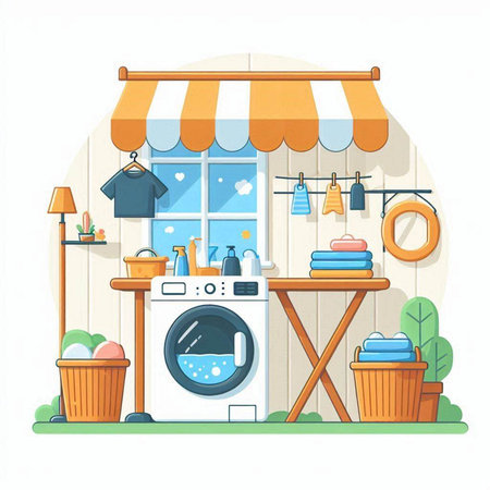 Laundry room with washing machine. Vector illustration in flat styleのイラスト素材