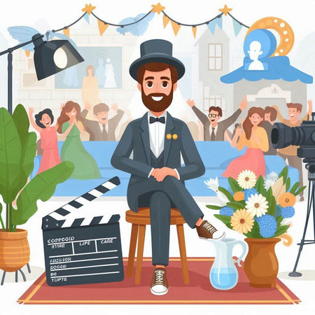 Cinema director with camera and clapperboard. Vector illustrationのイラスト素材