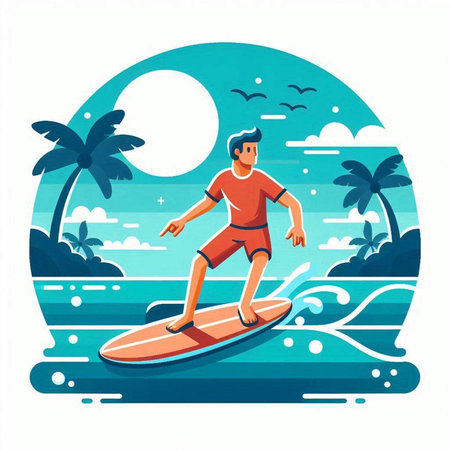 Surfer in the sea. Vector illustration in flat cartoon style.のイラスト素材