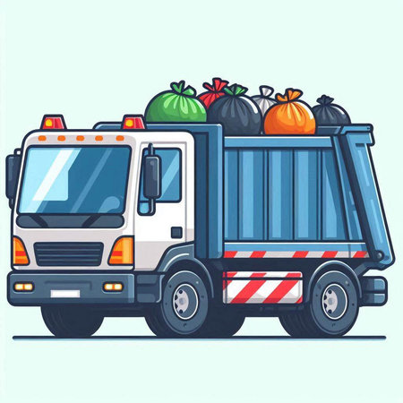 Garbage truck. Garbage truck with garbage bags. Vector illustration.のイラスト素材