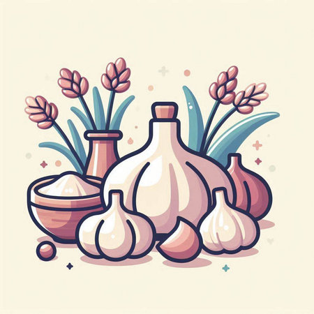 Steak with vegetables and spices on a wooden board. Vector illustrationのイラスト素材