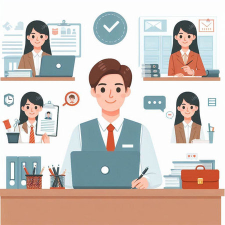 Business people working in office. Vector illustration in flat style. Isolated on white background.のイラスト素材