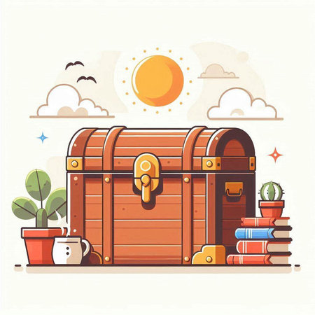 Treasure chest with books and cacti. Vector illustration.のイラスト素材