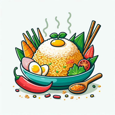 Illustration of Thai rice with egg and vegetables in a bowl.のイラスト素材
