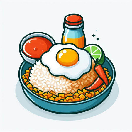 Bowl of rice with fried egg and vegetables. Vector illustration.のイラスト素材