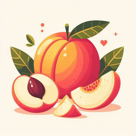 Peach fruits with leaves and slices. Vector illustration in cartoon style.のイラスト素材