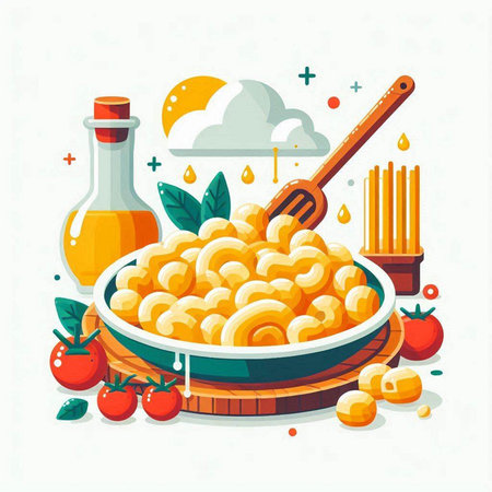 Italian macaroni pasta in bowl with ingredients for cooking. Vector illustration.のイラスト素材
