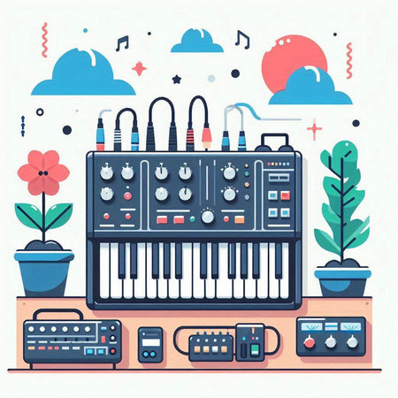 Music instruments. Electronic piano, synthesizer, keyboard and headphones. Flat vector illustration.のイラスト素材
