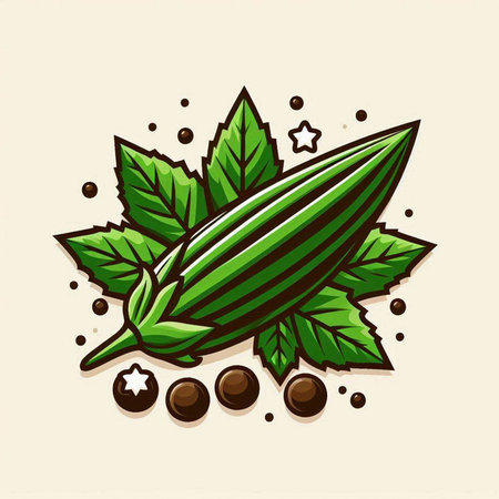 Cucumber with green leaves and black pepper. Vector illustration.のイラスト素材