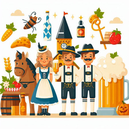 Oktoberfest vector illustration. Group of people in traditional Bavarian clothes with beer and snacks.のイラスト素材