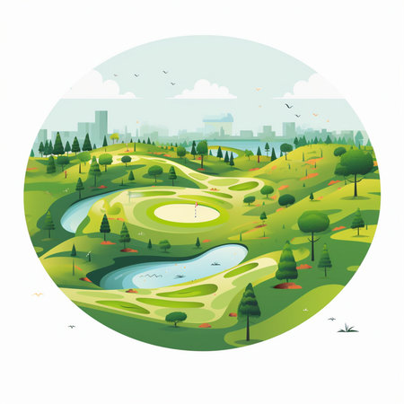 Beautiful landscape of golf course. Vector illustration in flat style.のイラスト素材