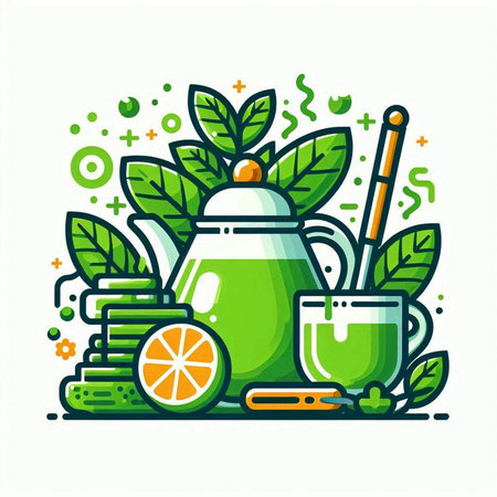 Green tea with orange and mint leaves. Line art vector illustration.のイラスト素材