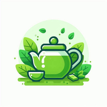 Green tea flat vector icon. Teapot and green tea leaves.のイラスト素材