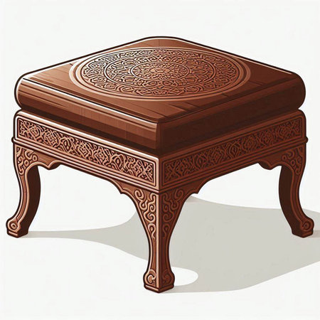 Illustration of a wooden table with a carved pattern on a white backgroundのイラスト素材