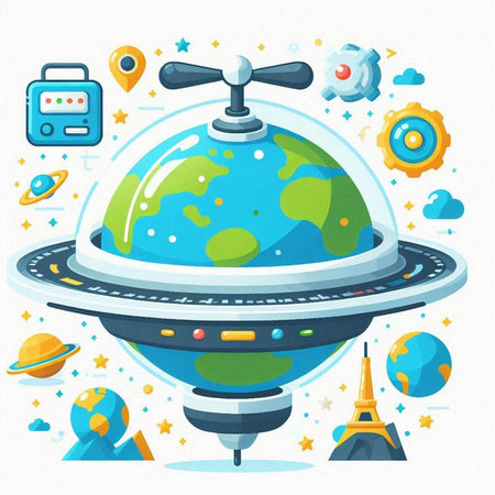 Cartoon illustration of ufo flying over the planet. Vector illustration.のイラスト素材