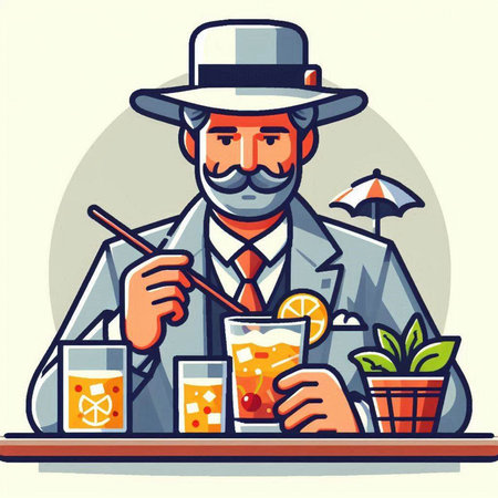 Hipster man drinking cocktail in bar. Vector illustration in cartoon styleのイラスト素材