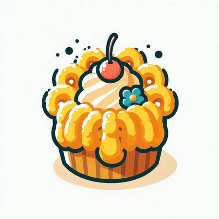 Cupcake with cherry on a white background. Vector illustration.のイラスト素材
